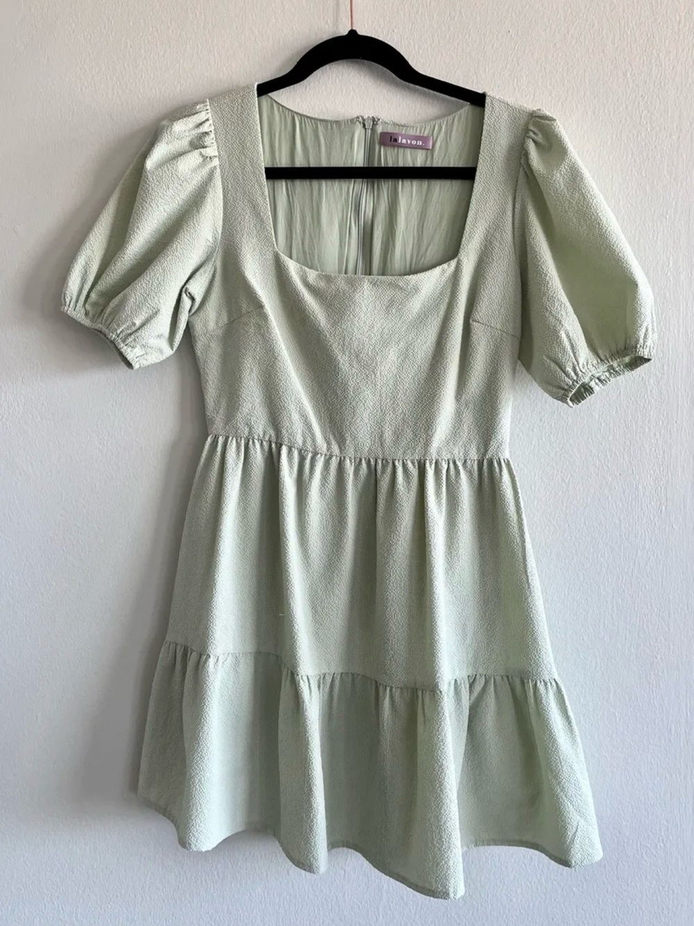 Lalavon Mint Green Puff Sleeve Tiered Mini Dress